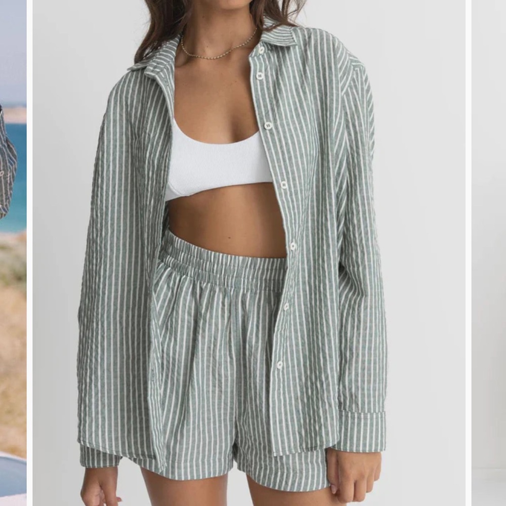 Rhythm - Stevie Stripe Beach Shirt - Green - Size Small